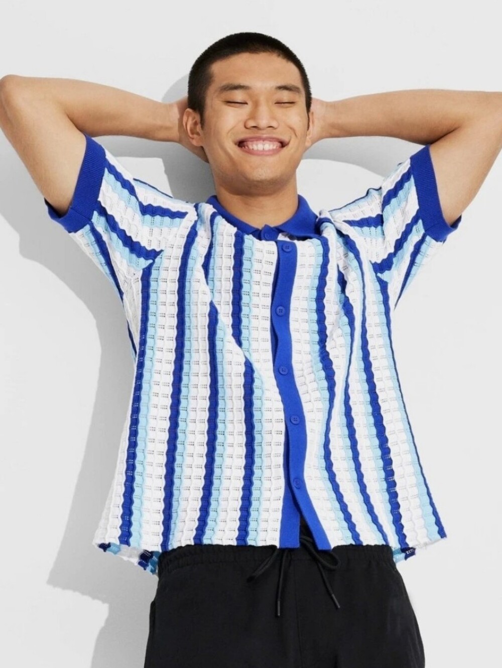 Original Use Crochet Knit Wave Button Down Short Sleeve Colorblock Shirt HAL3
